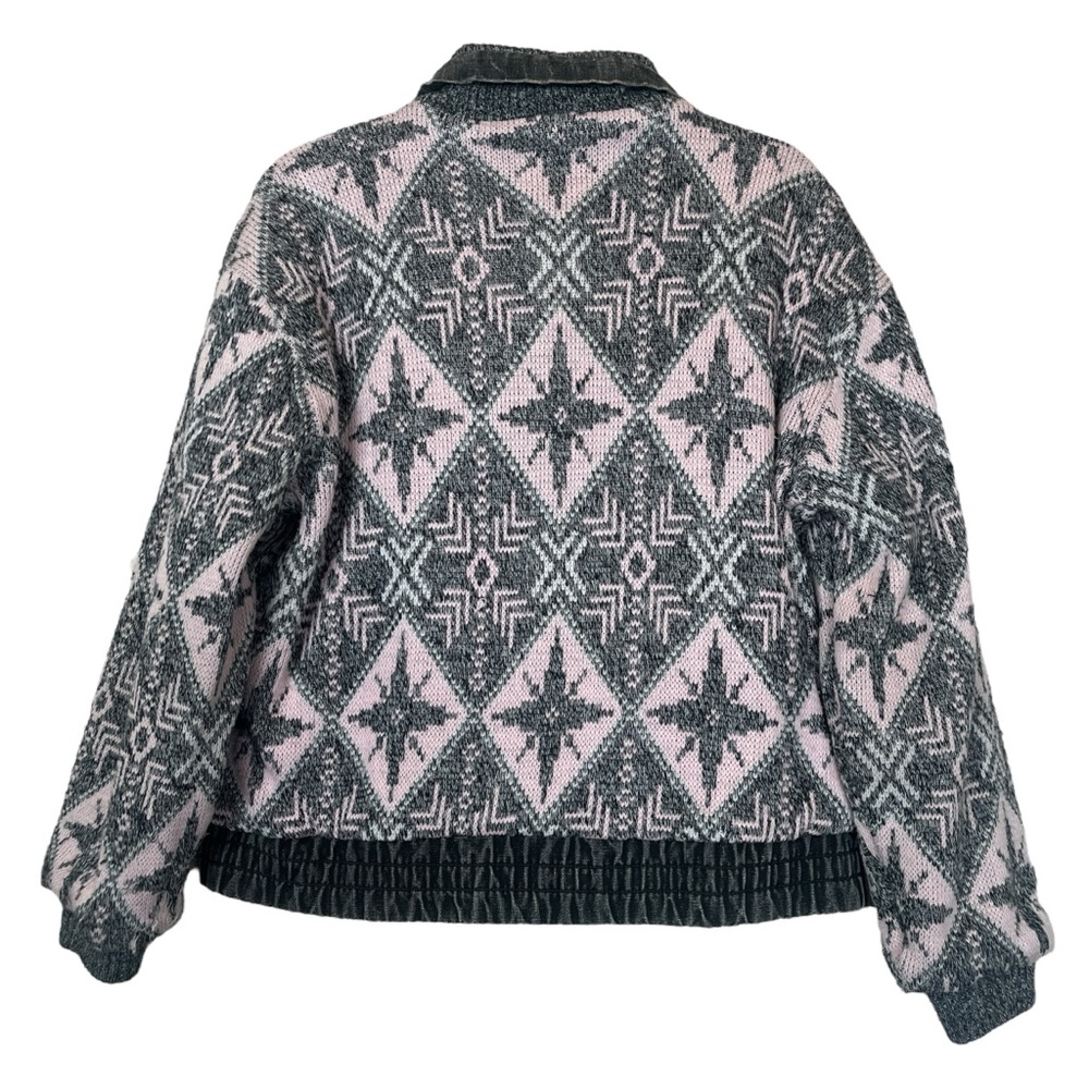 IZZI VTG Pink Black Vintage Knit Patterned Reversible Denim Jean Jacket 80s sz L - Picture 3 of 6